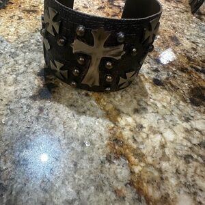 Black Leather Cuff Bracelet with Cross Design